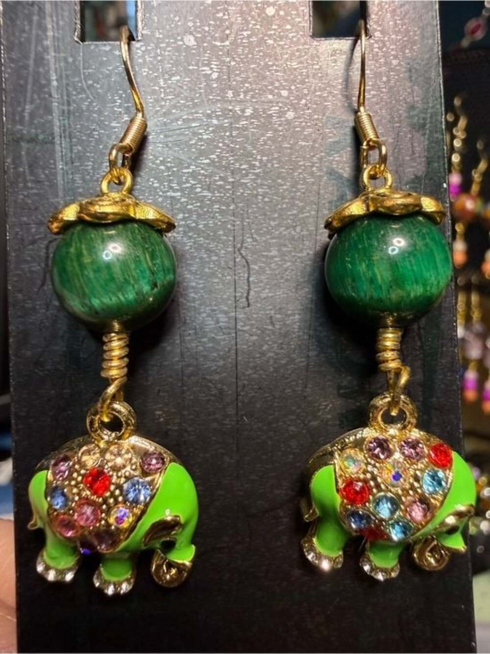 Artisan Green Tigers Eye Hand Wrapped Rhinestone Elephant 14K Gold Earrings - Picture 6 of 7